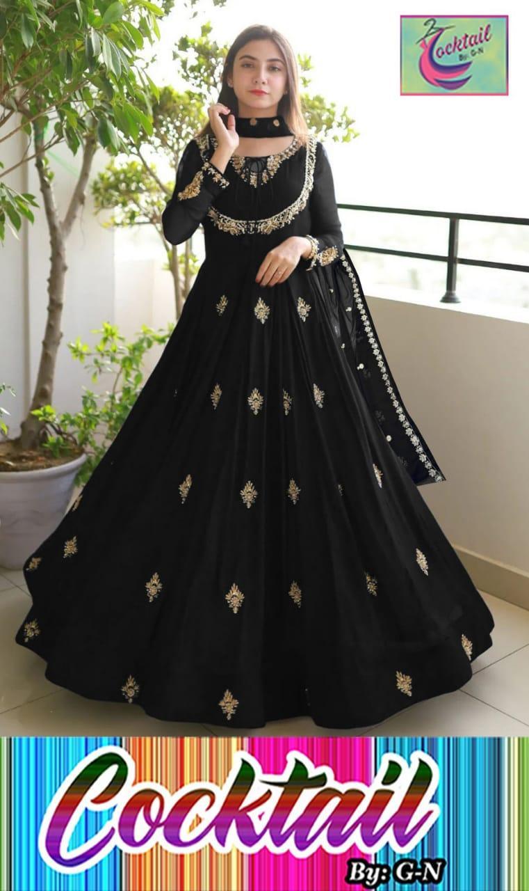 3 Pcs Women's Stitched Maxi Suit in Black Chiffon with Embroidered