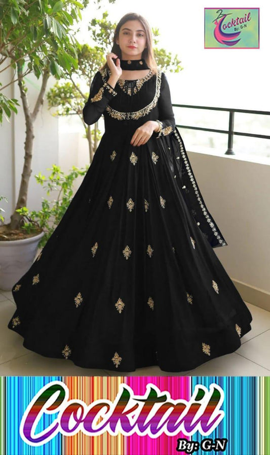 3 Pcs Women's Stitched Maxi Suit in Black Chiffon with Embroidered