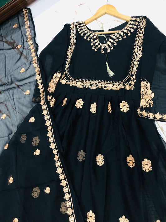 3 Pcs Women's Stitched Maxi Suit in Black Chiffon with Embroidered